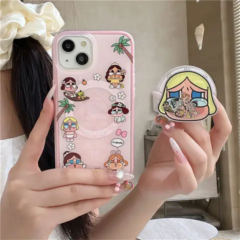 Funny Cute Crying Girl Magnetic Phone Case For iPhone 16 Pro 15 14 Pro Max Cover 2 in 1 Shockproof Cases with Holder