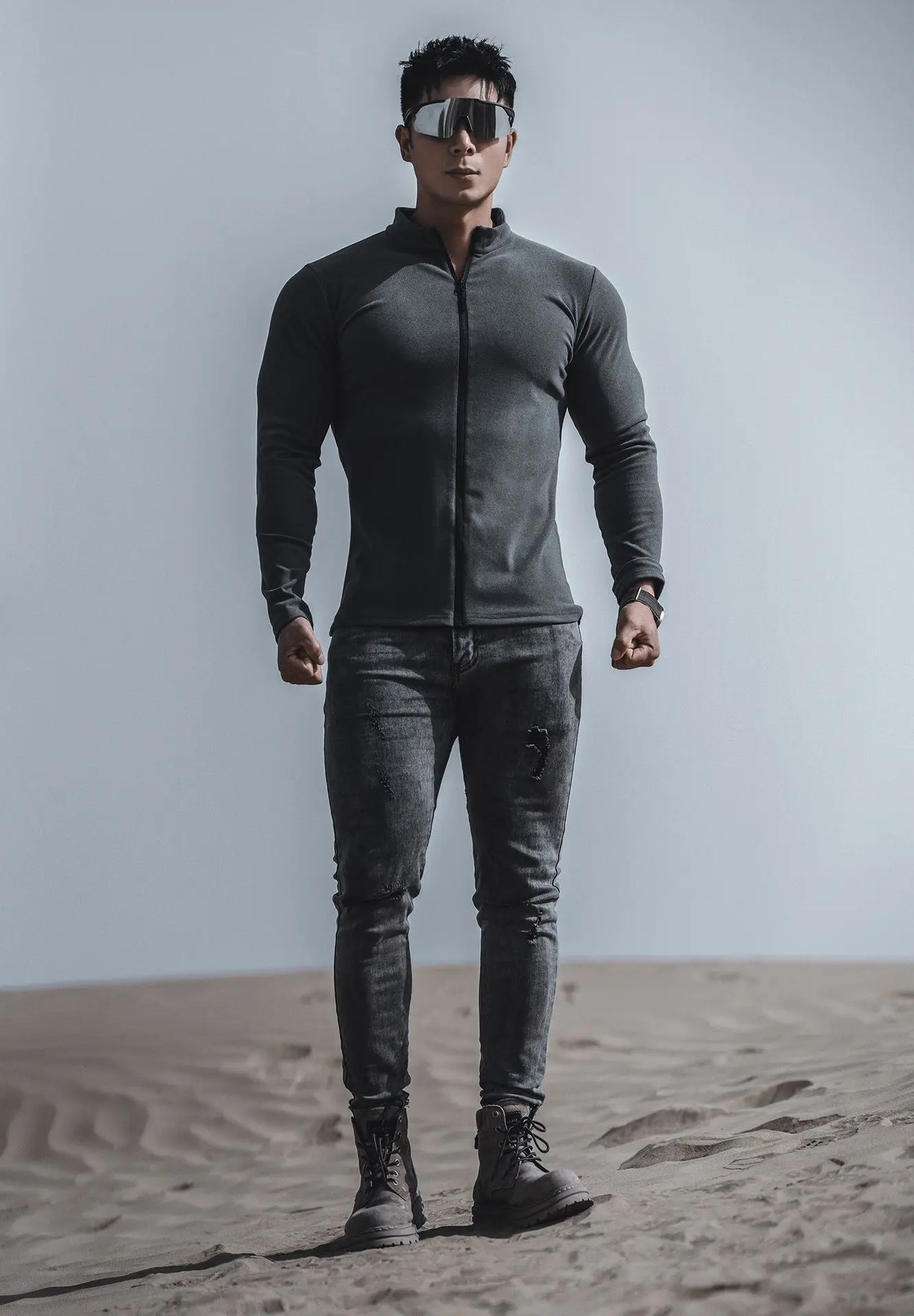 Męska sportowa bluza fitness z długim rękawem, stójką, jednolita kolorystyka, kurtka do joggingu, bluza treningowa z zamkiem błyskawicznym, długi rękaw.