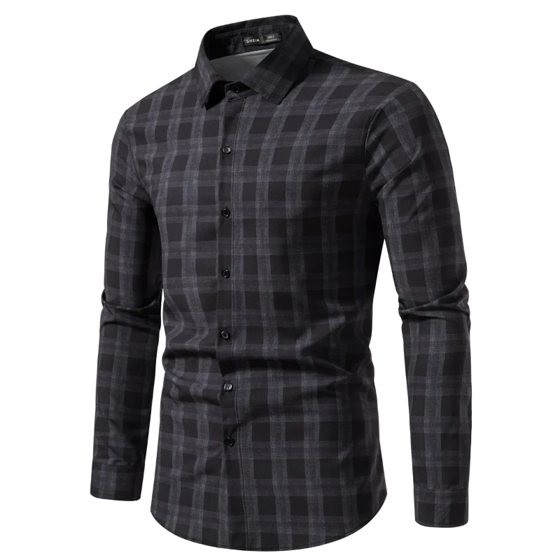 

2023 New Spring and Summer Men's Deep Color Plaid Shirt Business Casual Men Clothing Lapel Comfortable Breathable Slim Men Top