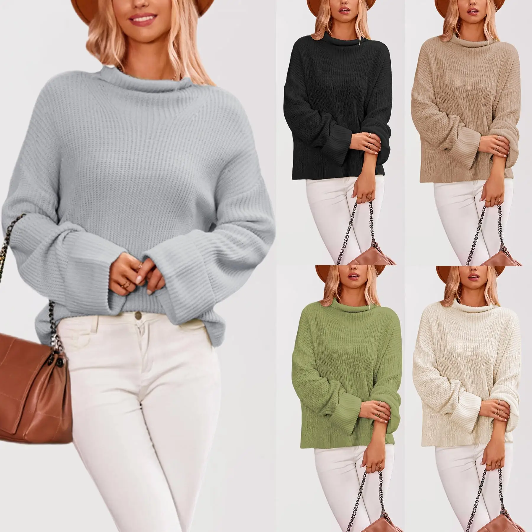 

Faionable Knitted Sweater Women's Autumn Winter Thiened Long Sve Bell Sve Crew Ne Pullover Split Hem Cross-Border
