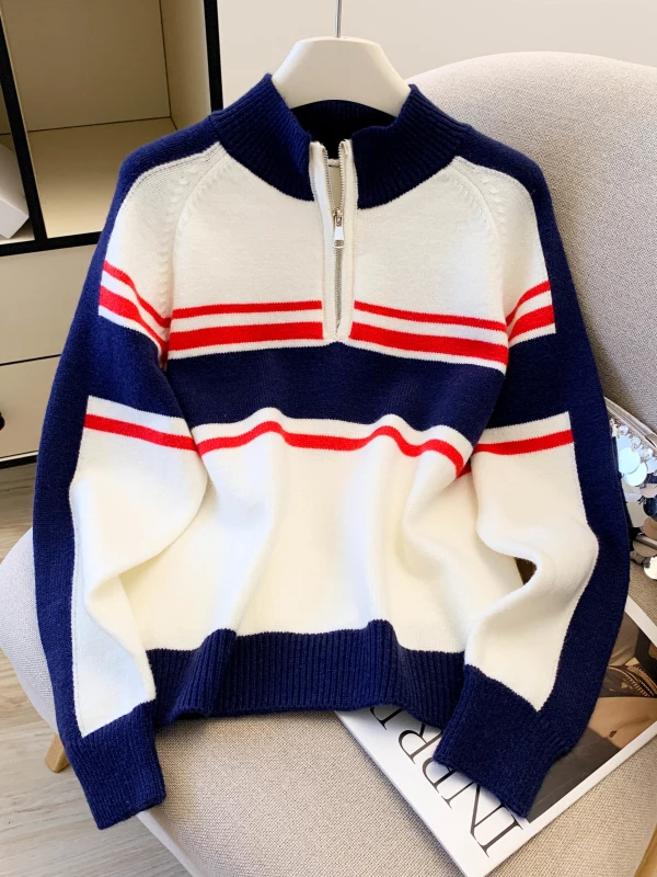 

American Retro Striped Knit Sweater Women's Autumn Winter Thiened Loose Zipper Design Casual Sle Faion Ladies' Tops