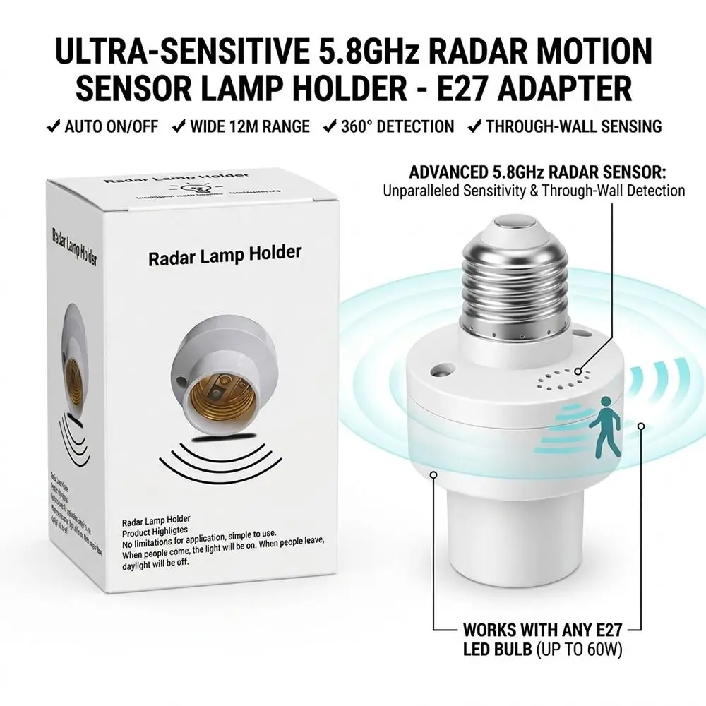 Durable White Sensor Lamp Holder Automatic On Off Screw in Induction Light Light Bulb Converter Lighting Accessories