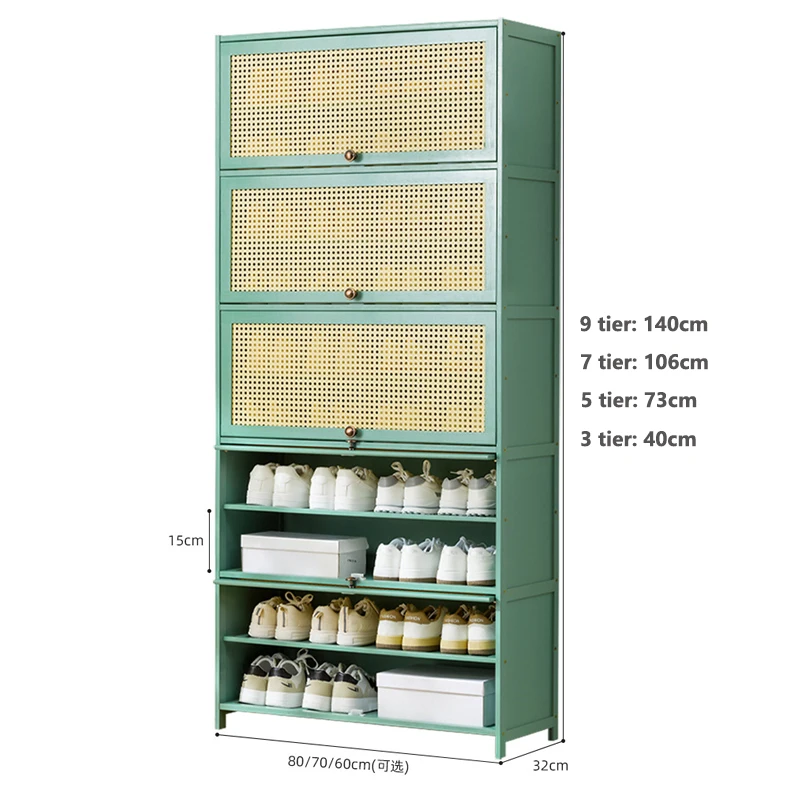 Bamboo Shoe Storage Cabinet with Rattan Doors, Modern Entryway, Flip Shoe Rack, Premium Organizer