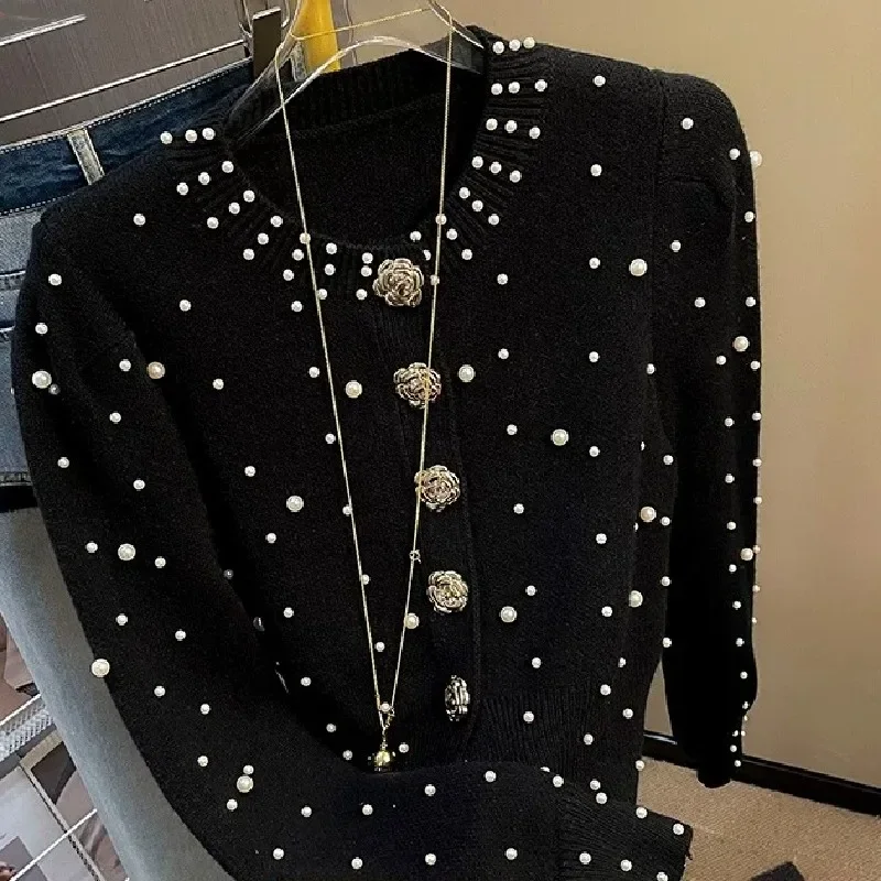 Pearl Beaded Elegant Sweater Cardigan Women Solid Vintage Fashion Ladies Knitwear Tops 2024 Spring O-neck Single-breasted Jumper