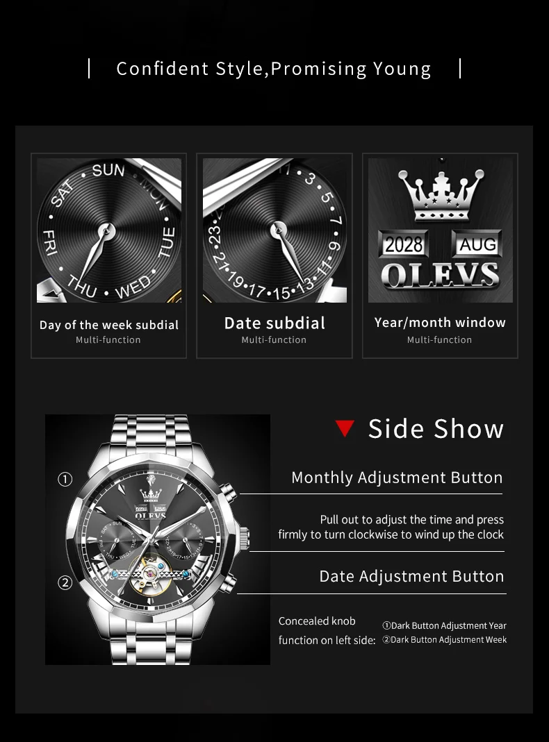 OLEVS 6619 أفضل ساعة أوتوماتيكية للرجال المعين مرآة التقويم مقاوم للماء الهيكل العظمي مضيئة متعددة الوظائف الميكانيكية ساعة رجالي
