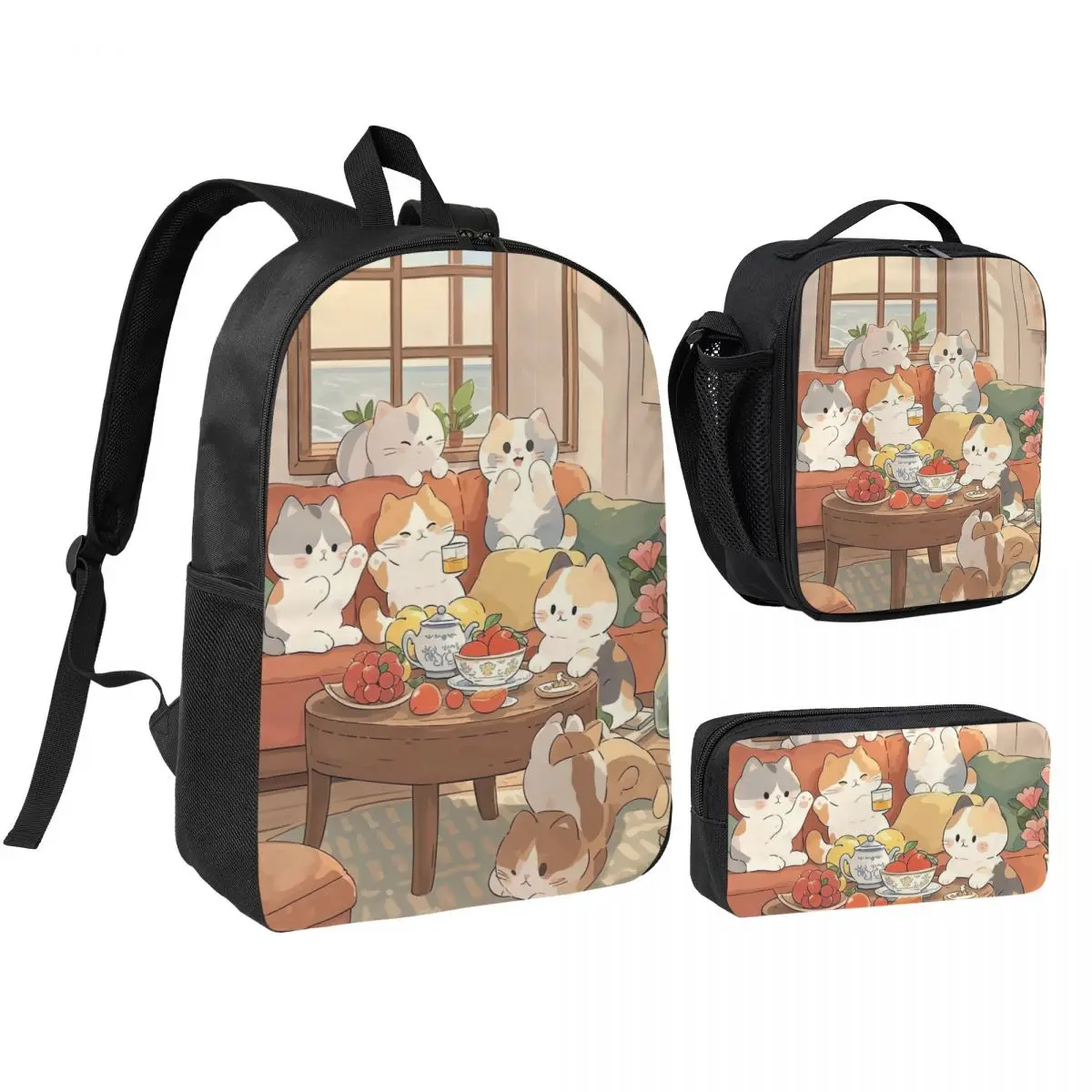 Adorable Cat In Sofa Backpack Student BookBag School Bag Shoulder Bags 3ps Insulated Lunch Bag Pencil Case