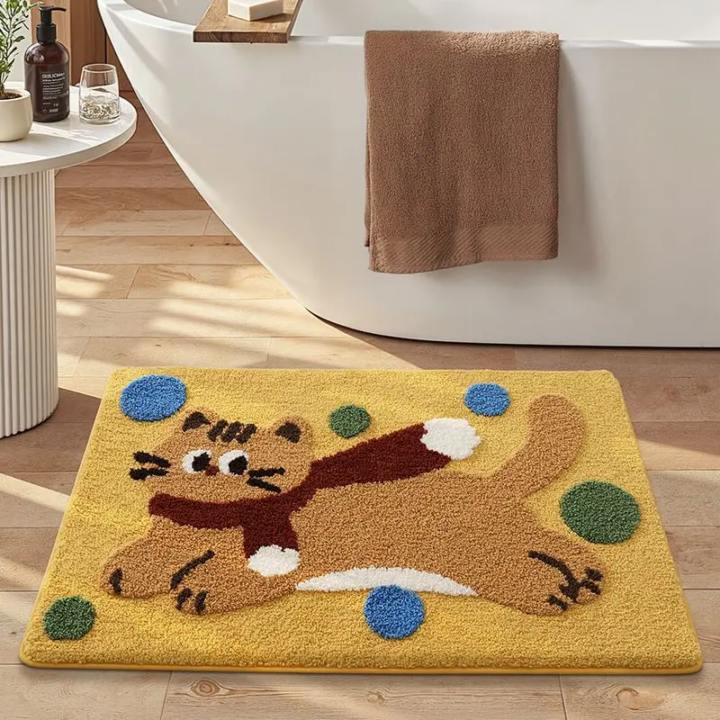 VIKAMA Cute Yellow Cartoon Cat Bath Mat with Scarf Animal Floor Rug, Color Ball Decor for Bedroom Bathroom Cozy Home Gift