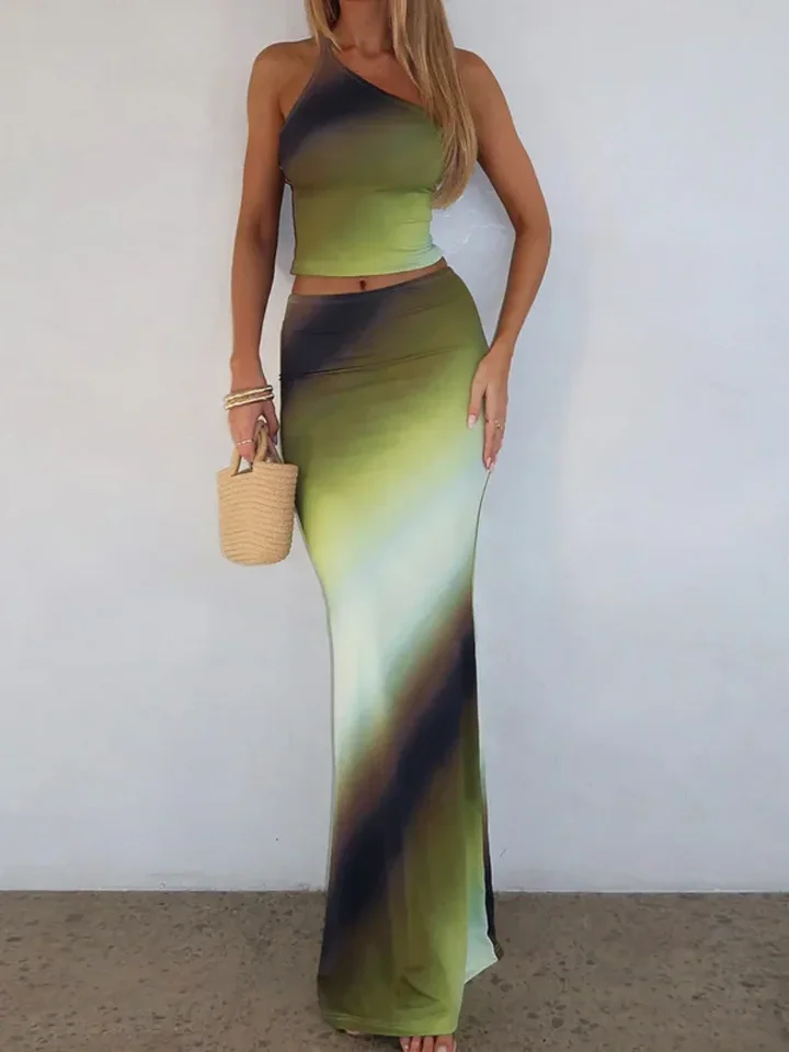 Elegant One Shoulder Green Gradient Color Vacation Beach Dress 2 Piece Set Women One Shoulder Backless Tank Top Long Skirts Suit