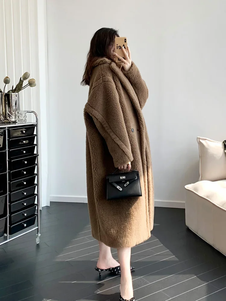 Women Teddy Alpaca Mid-length Fur Coat Silhouette Luxury Loose Turn-down Collar Thick Wool Jacket Fashion Coat Plus Size Winter