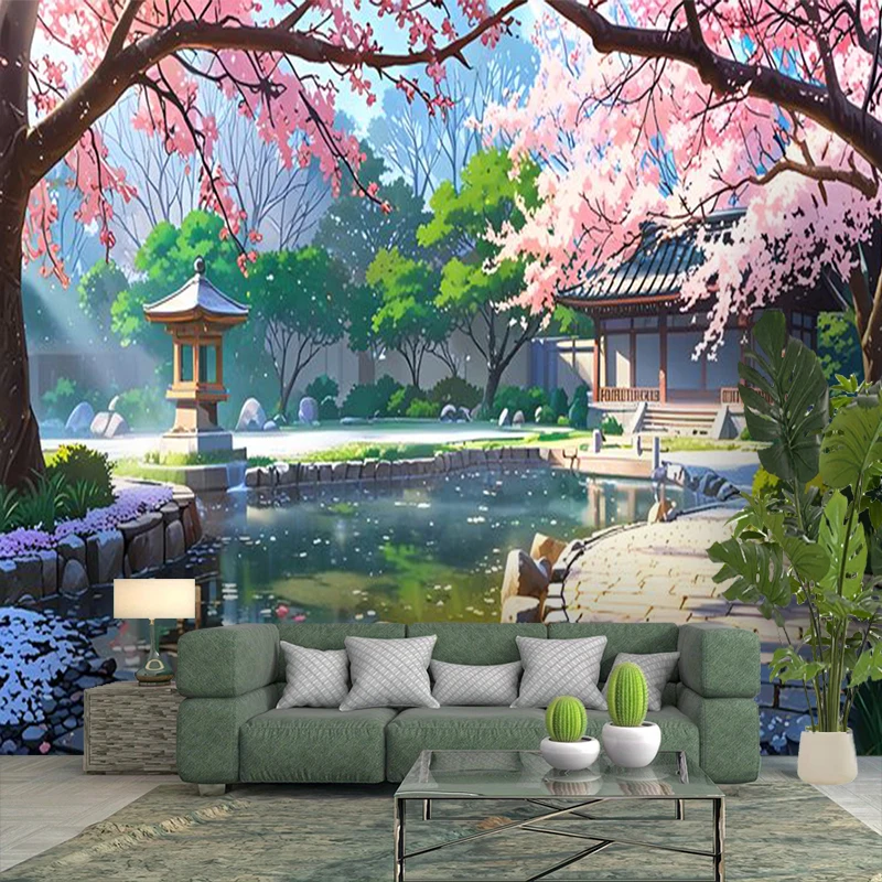 1PC Japanese Sakura Garden Anime Print Backdrop Banner, Bedroom Living Room Photo Background, Polyester, Home Decor, Wall Art
