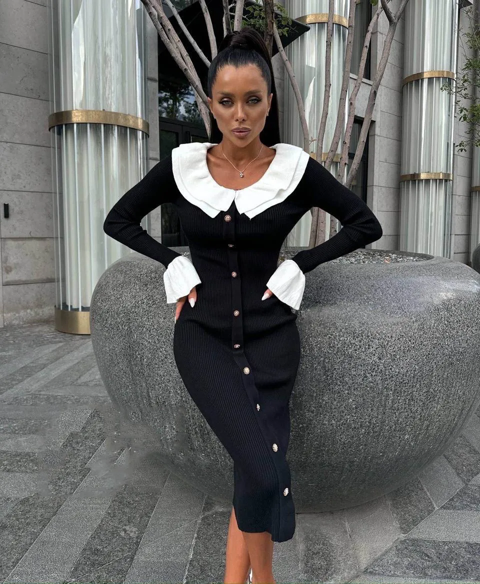 Fashion Knit Patchwork Long Dress Women's Ruffled Slim Elegant Contrast Ribbed Party Dress Knitwear Autumn Maxi Dress New