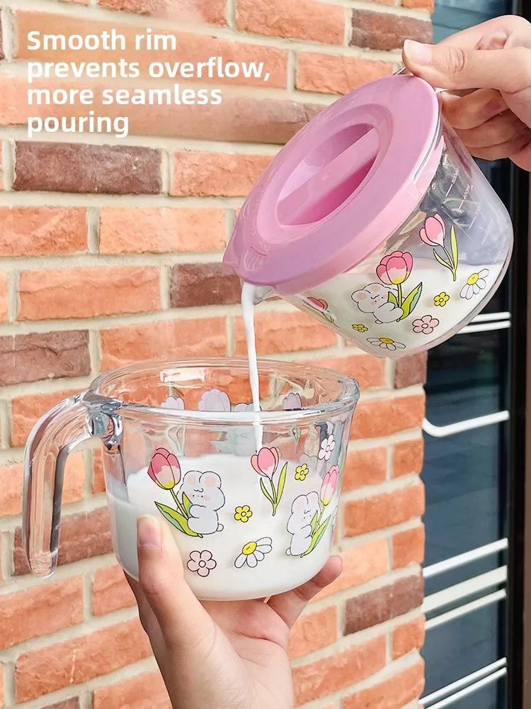 Thiened Glass Milk Cup Baking Measuring Cup Home Use Heat Resistant Microwave Se Cute Breakfast Cup with Sc for Cooking view 2