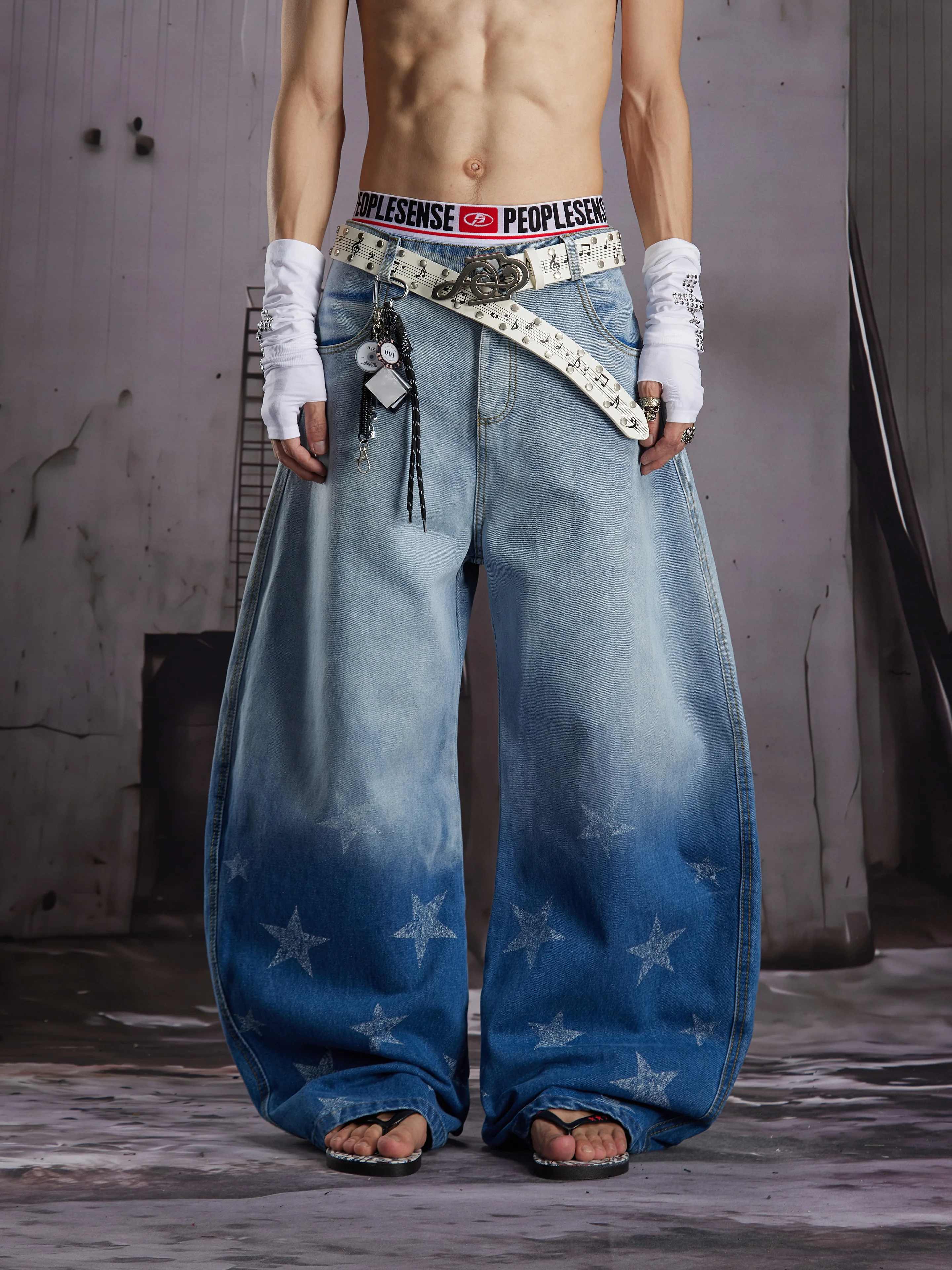 Calças Jeans Casuais Largas Estilo Americano Lavadas com Estampa de Estrelas para Homens e Mulheres, Calças de Perna Larga Mo...