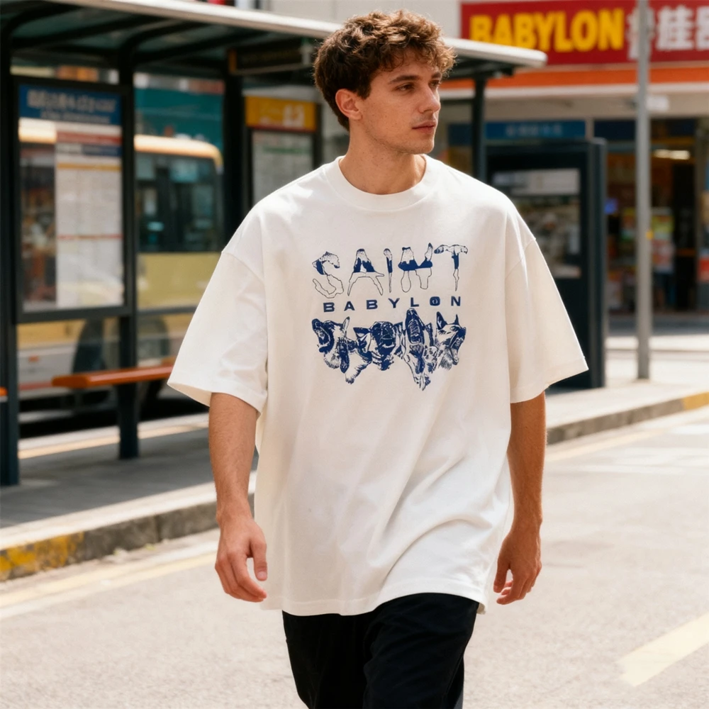 

KUCLUT 1:1 Streetwear SAINT Vintage Men Clothing Fashion Brand Short Sleeves Tops Summer 100%Cotton Graphics T Shirt Men