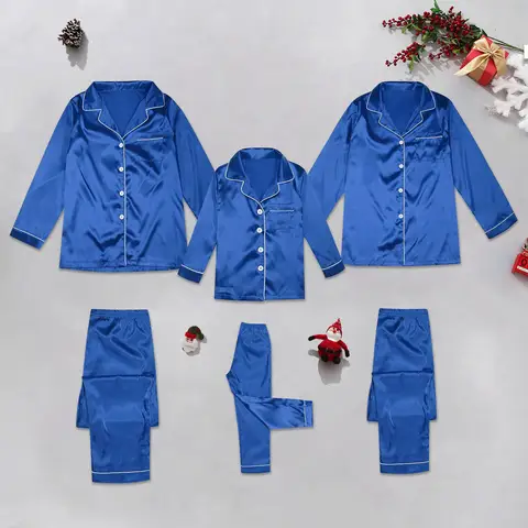 Mom Satin Silk Button Down Pajamas Pj'S Sets Solid Two Piece Family Matching Sleepwear Christmas Sweater Family Clothes