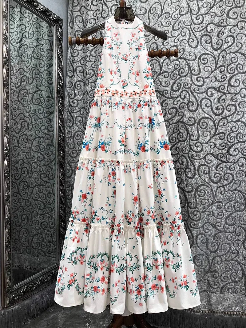 

100%Cotton Long Dress 2025 Summer Party Evening Lady Sexy Halter Neck Sweet Floral Print Hollow Out Backless Long Maxi Dress