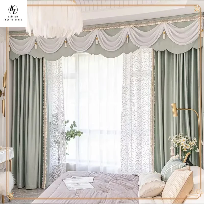 

Custom Size European Solid Color Green Jacquard Luxury Curtains for Living Room Bedroom Dining Tulle Valance Window Lace Decor