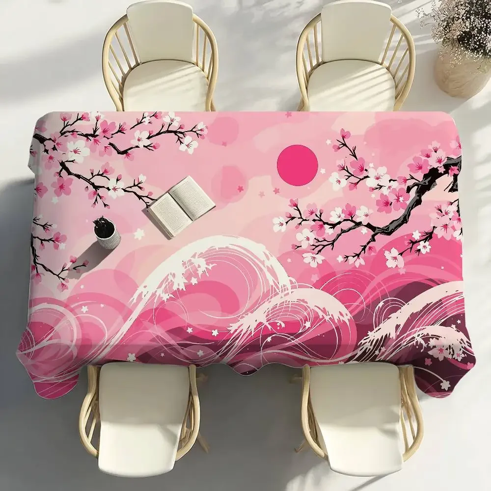 

Blue Wave With Cherry Blossoms Table Cloth Party Decor Dining Room Home Kitchen Patios Waterproof Stain-Proof Table Cloth