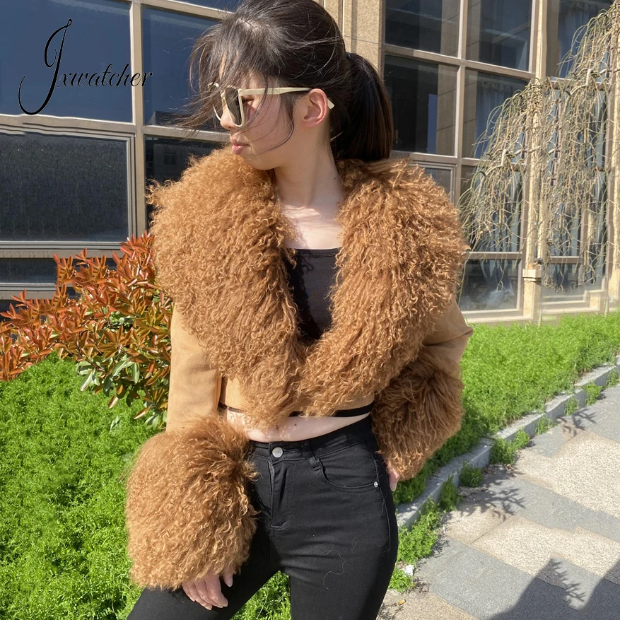 

Jxwatcher Women's Jacket Real Mongolian Sheep Fur Short Coat Ladies Warm Winter Outerwear Fashion Fall Full Sleeves Jackets New