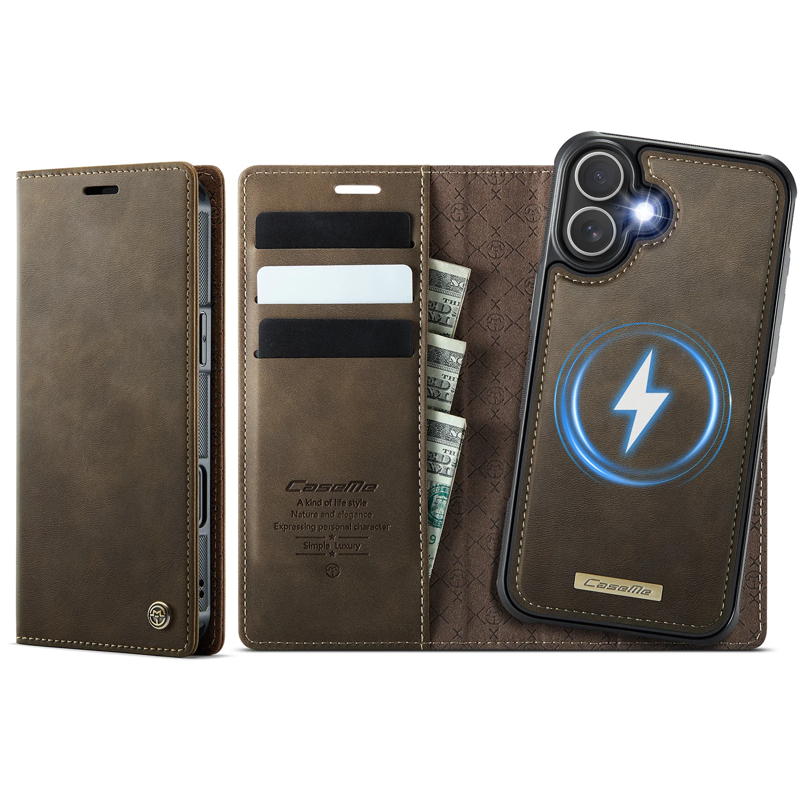

Чехол для iPhone 17, чехол CASEME C49, совместимый с MagSafe RFID-блокировкой, съемный кожаный чехол-кошелек для телефона - кофейный