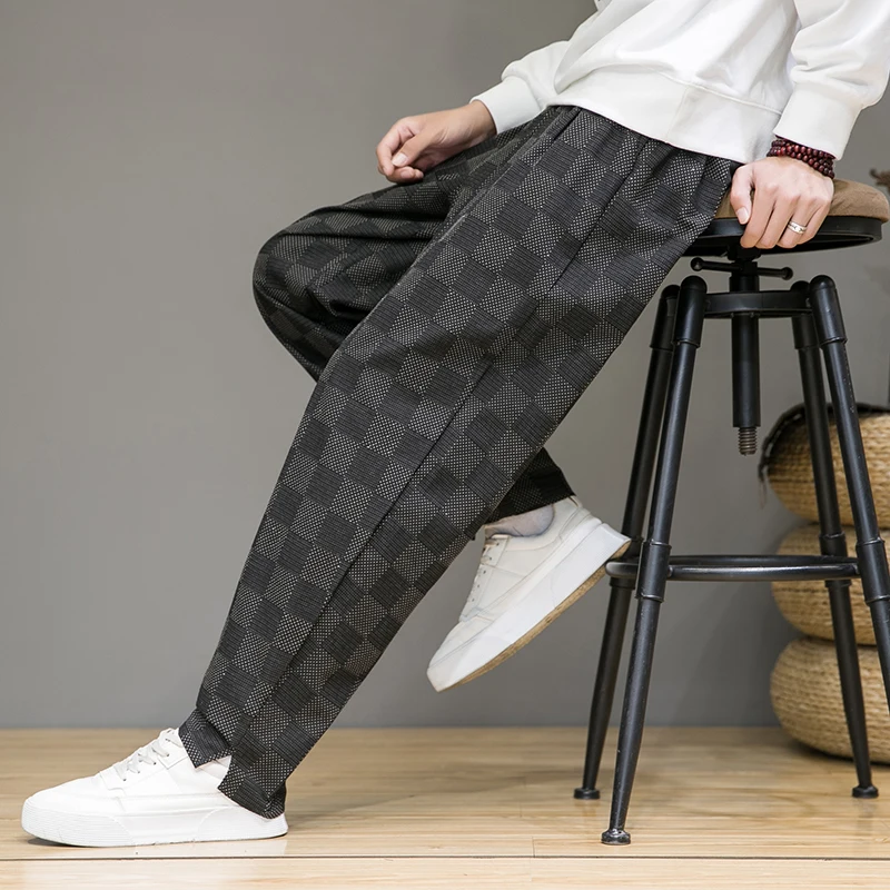 

Retro Plaid Men's Casual Pants Spring Autumn Straight Loose Lantern Design Open Split Floor-Length Pants Breathable Youthful ...