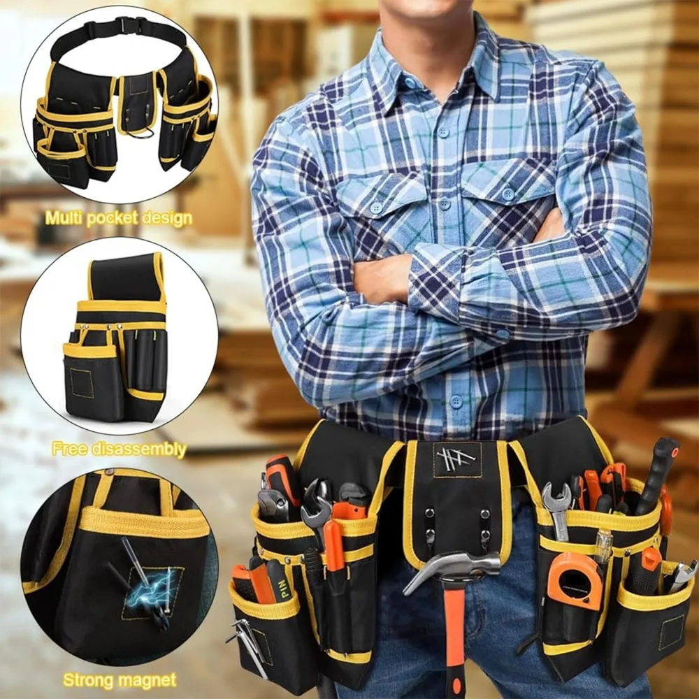 Tool Belt Magnetic Tool Pouch Men's Heavy Duty Padded Tool Belt Removable and Adjustable Tool Pockets Electrician Carpenter Cons