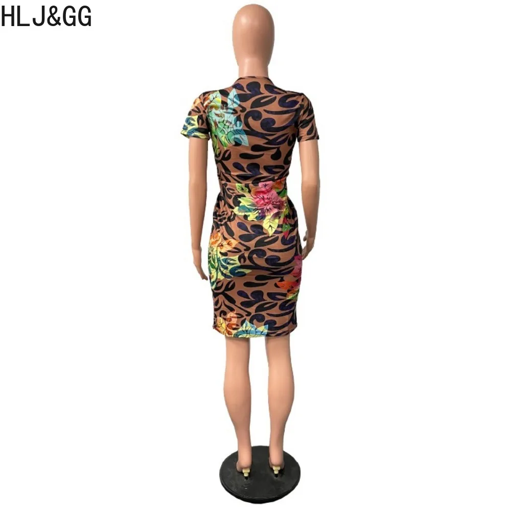 HLJ&GG Sexy Printing Deep V Bodycon Knee Dresses Women Short Sleeve Slim Vestidos Fashion Female Matching Nightclub Clothes 2024