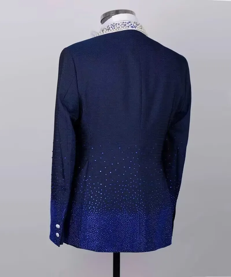 맞춤형 럭셔리 패션 남자 웨딩 정장 목도리 옷깃 턱시도 비즈 진주 3 조각 (블레이저 + 조끼 + 바지) 댄스 파티 저녁 정장