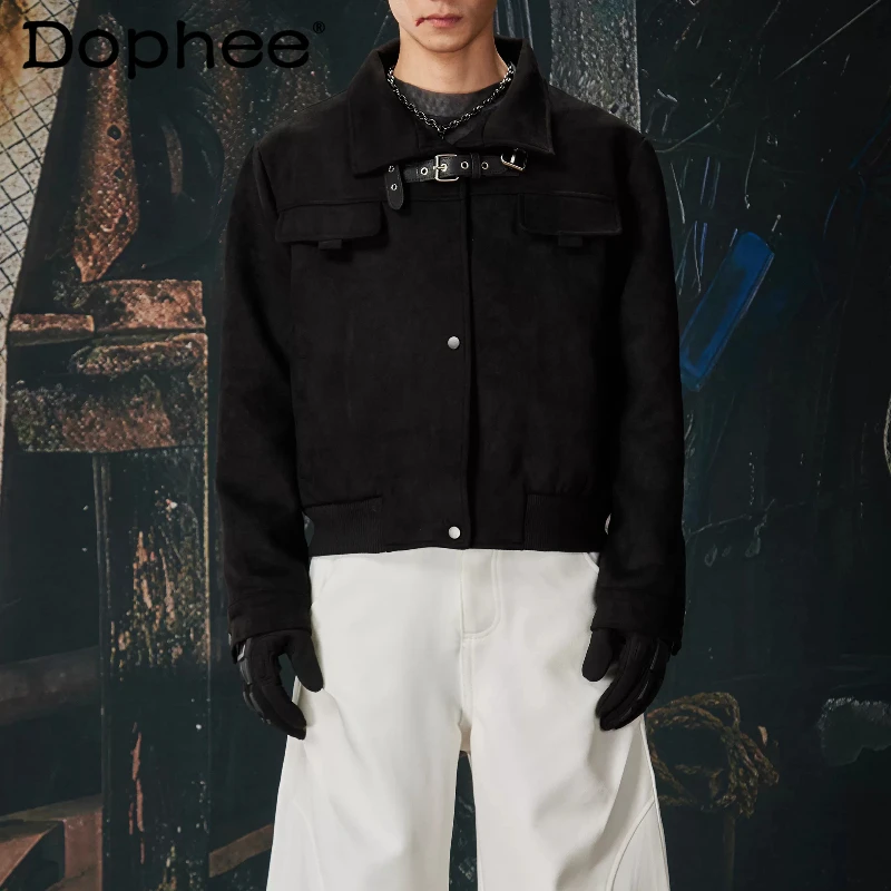 

Men's 2026 Spring Autumn New Simple High-end Tops Pocket Button Decoration Coats Double Faux Leather Buckle Stand Collar Jackets