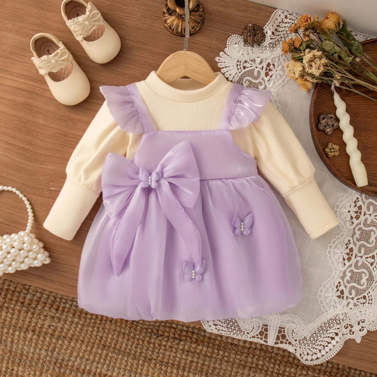 Spring And Autumn New Sweet Bow Baby Girl Dress, Cute Cartoon Butterfly Children'S Clothing For Babies Aged 9 Months To 3 Years