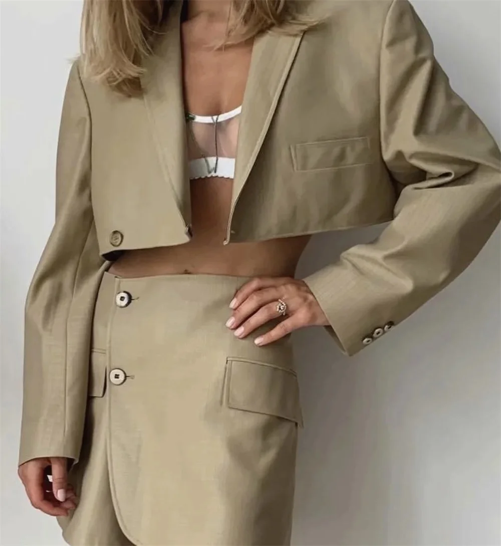 Women\'s Blazer Suits Lapel V-neck Long Sleeve Short Top+High Waist Pocket Mini Skirt Solid Color Elegant Sexy OL Style Fashion