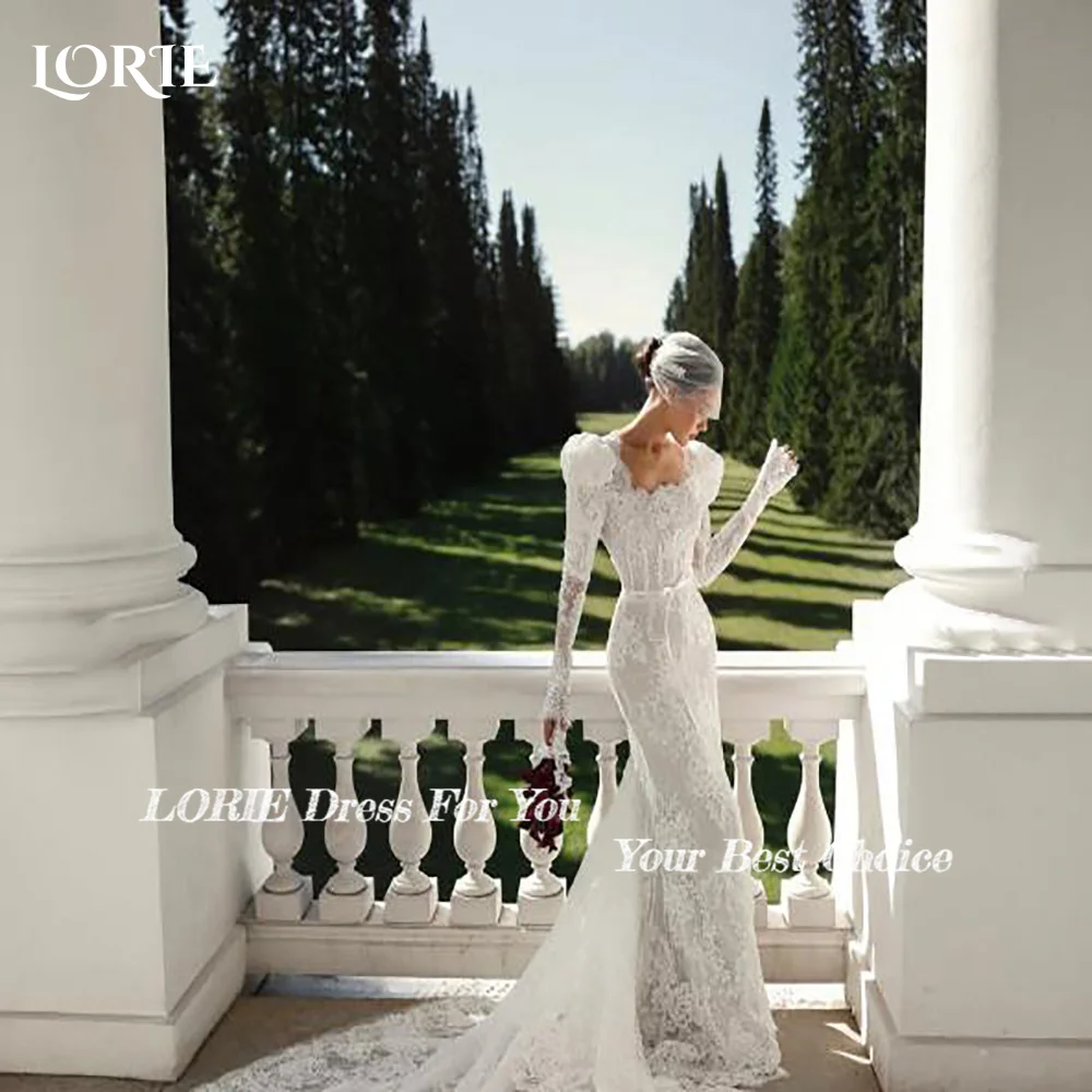 LORIE 3D Flowers Mermaid Wedding Dresses High Collar A-Line Puff Sleeve Long Sleeve Bridal Gown Princess Bride Dress Customized
