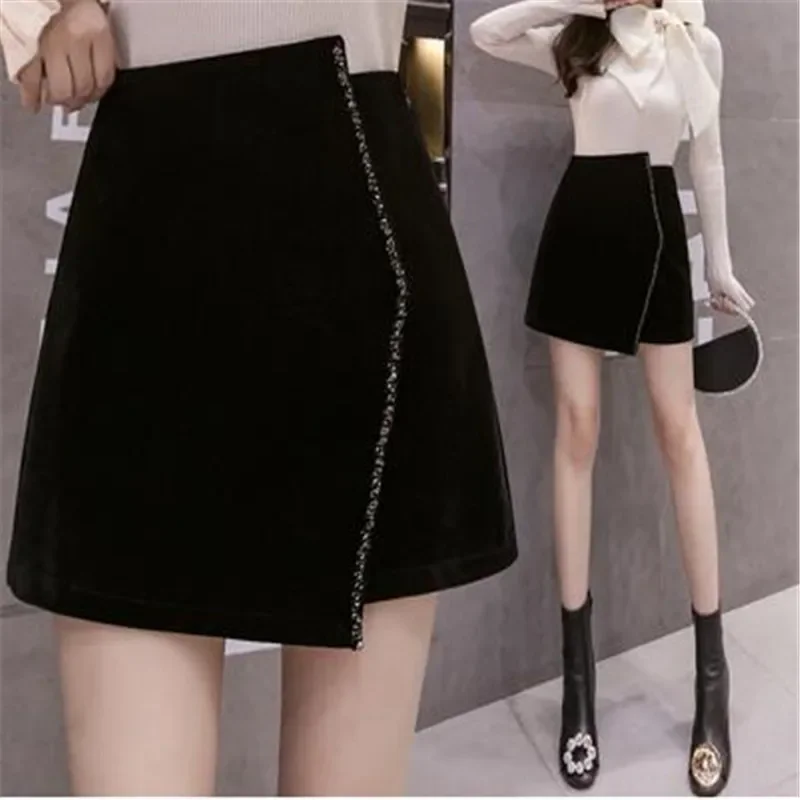 Ins CHIC Europe French Irregular Velvet Hand Bead Rhinestone Woman Velour Mini Skirt High Waist Bodycon Lady Bottom Black Winter