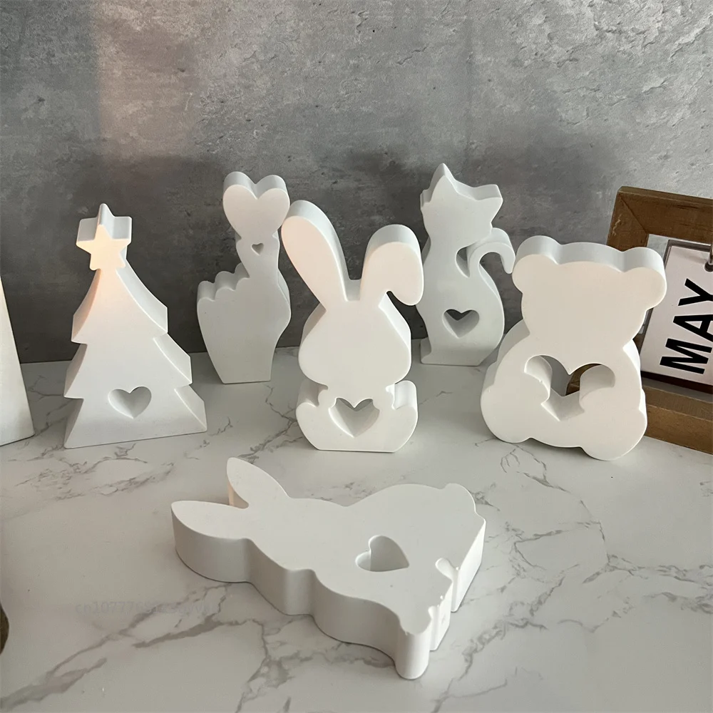 Christmas Tree Candle Holder Silicone Mold Ornaments Bear/rabbit/cat Candlestick Concrete Mould DIY Aromatherapy Gypsum Mould