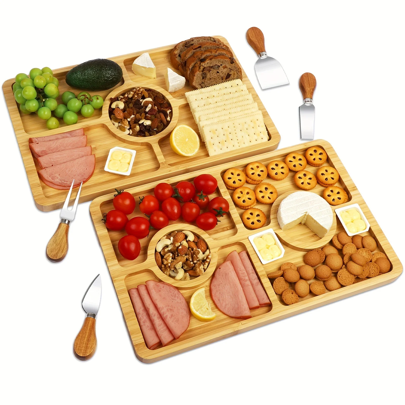 

2-Pack Bamboo Charcuterie Boards with 4 Matching Serving Knives – Natural Wood Kitchen Serving Trays for Cheese, Fruit, Meats & Snacks