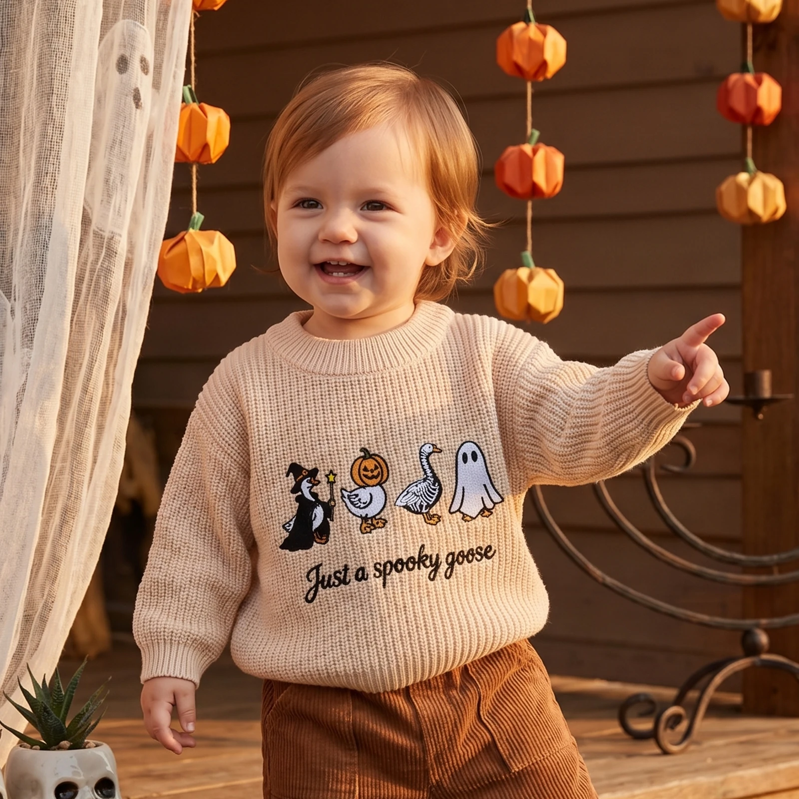 0-7Y Cute Toddler Kids Boy Halloween Sweater Skull Ghost Embroidery Long Sleeve Pullover Warm Sweaters Tops