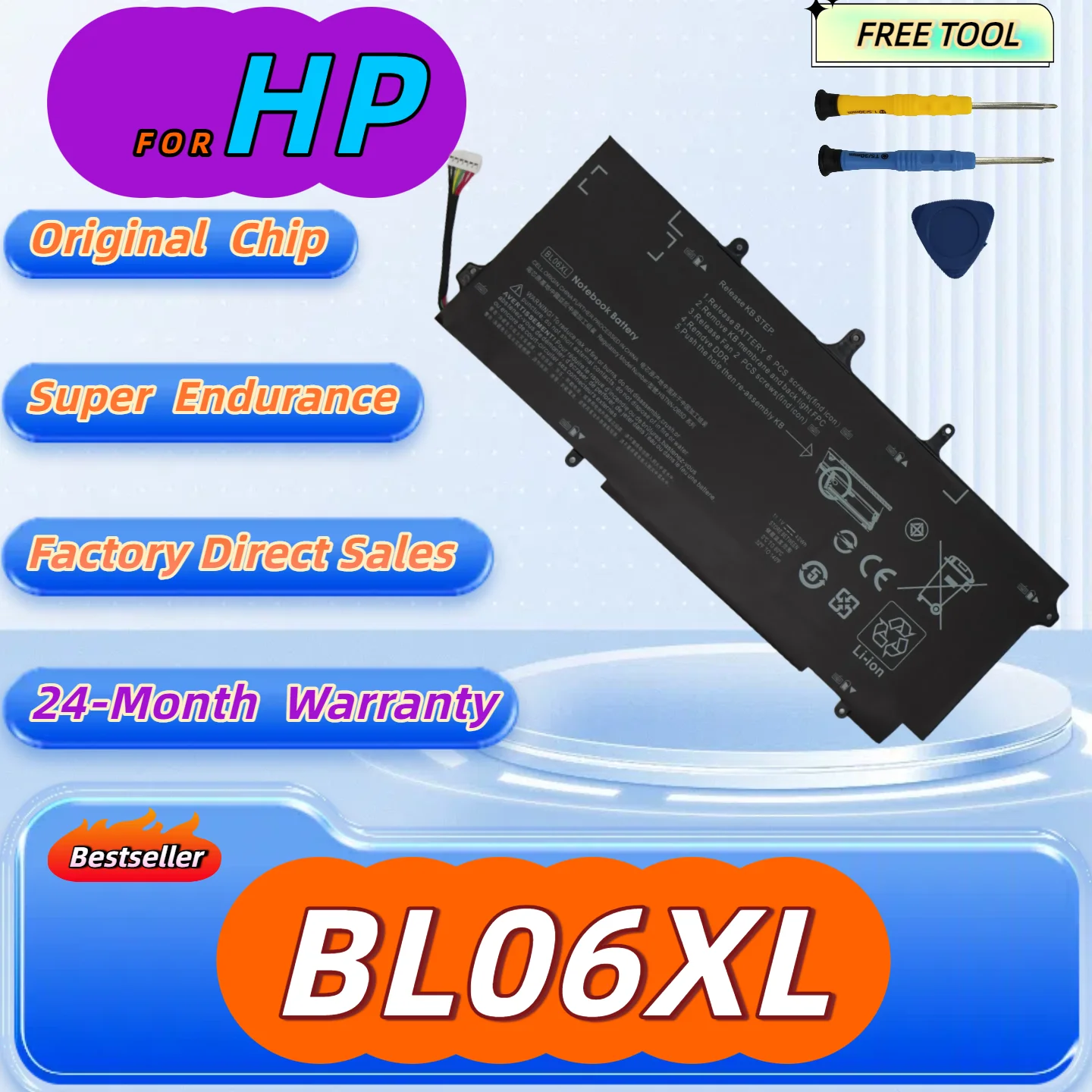 

BL06XL Battery for HP EliteBook Folio 1040 G0 G1 G2 Series BL06 HSTNN-DB5D HSTNN-W02C 722236-171 Free Tool+24M Warranty