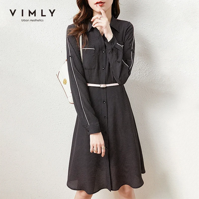 

VIMLY Vintage Button-up Shirt Dress Women Spring Autumn Black Dot Long Dresse Belted Elegant Dresses Female Vestidos F6332