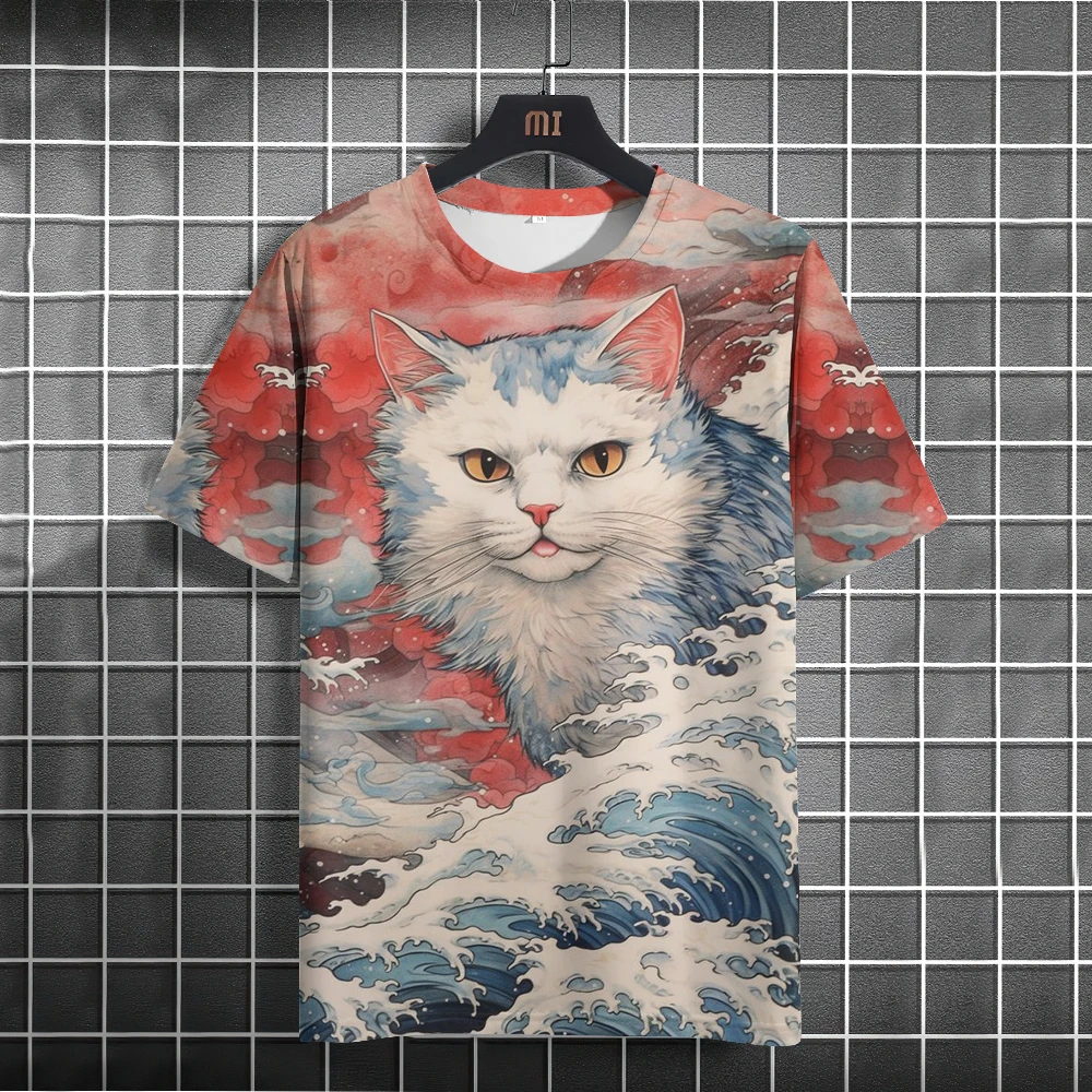 Erkekler t-shirt rahat kısa kollu üstleri japon tarzı Ukiyoe grafik giyim boy yaz giyim erkek t-shirt kedi desen