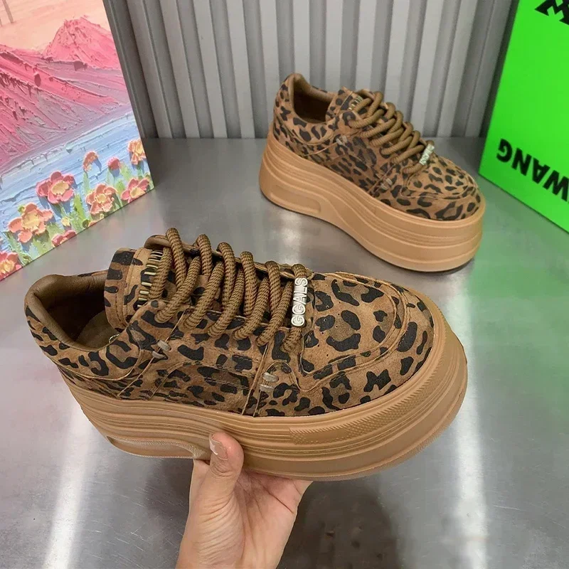 Thick Soled Women's Shoes 2025 New Spring and Autumn Leopard Print Casual Sports Shoes, Thick Soled Height Increasing Board Shoe