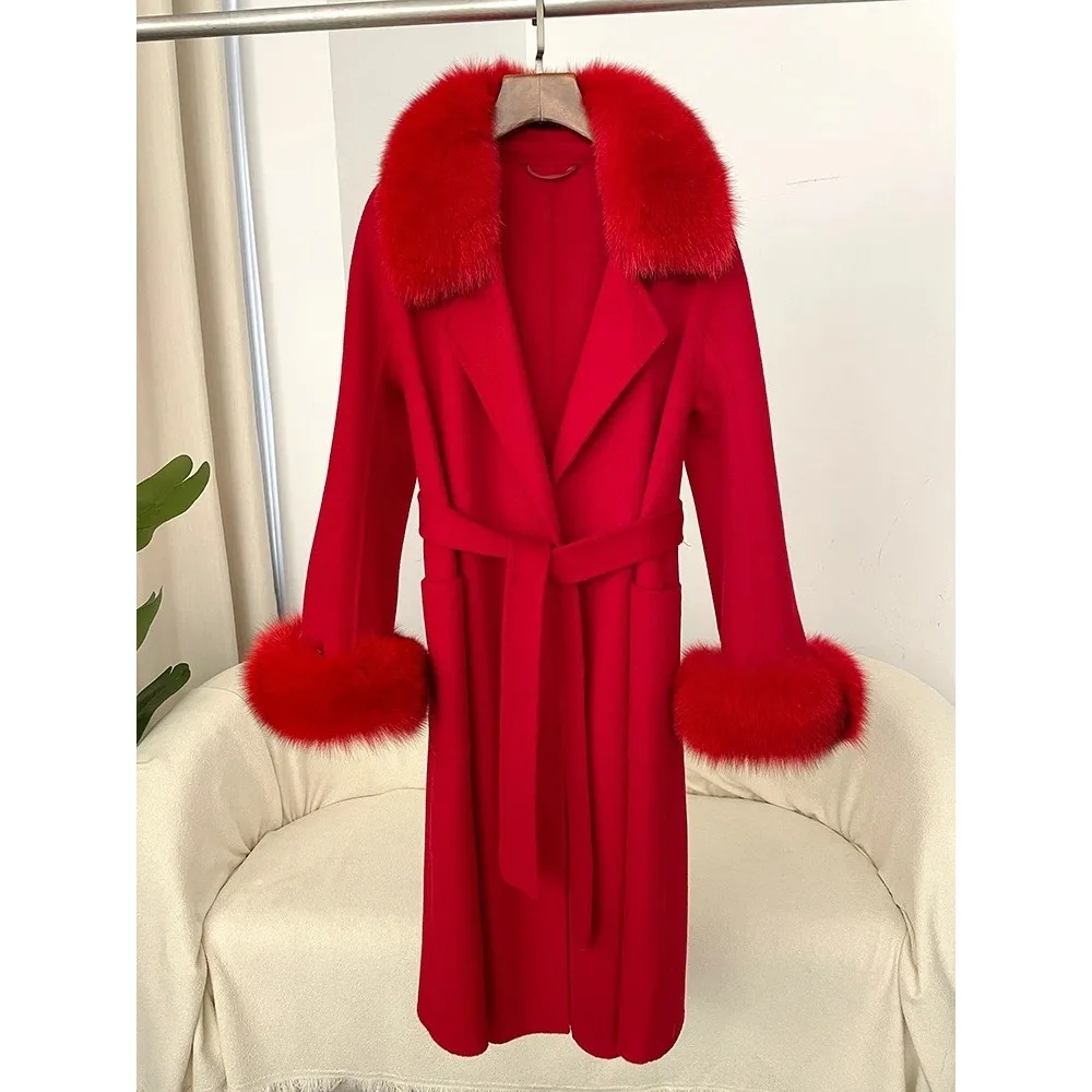 

Autumn Winter New Real Fox Fur Collar Water Ripple Double-sided Wool Coat Women Detachable Fur Collar Cashmere Coat with Scarf