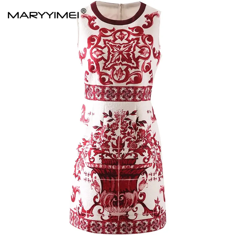 MARYYIMEI Fashion Runway Designer Women Jacquard Round Neck Sleeveless Yellow Printed High Street Elegant Mini Dresses