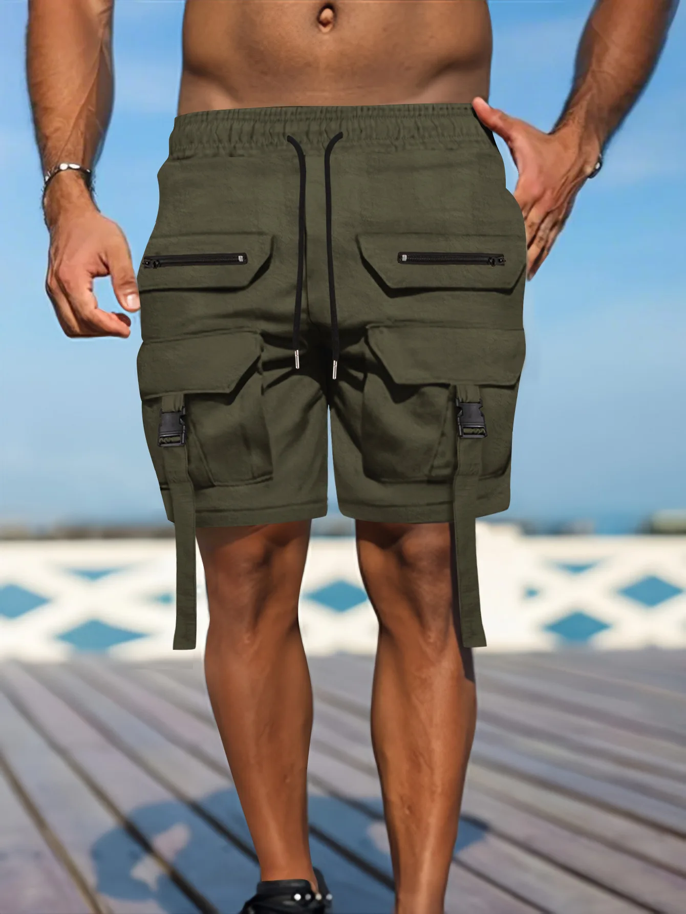 2026 Neue Herren Multi-Taschen Street Punk Hip Hop Cargo Shorts Taktische Techwear Knielange Weite Kurze Hosen – Detail 4