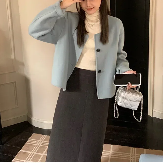 autumn and winter blue double-sided wool coat short coat women's new small woolen coat