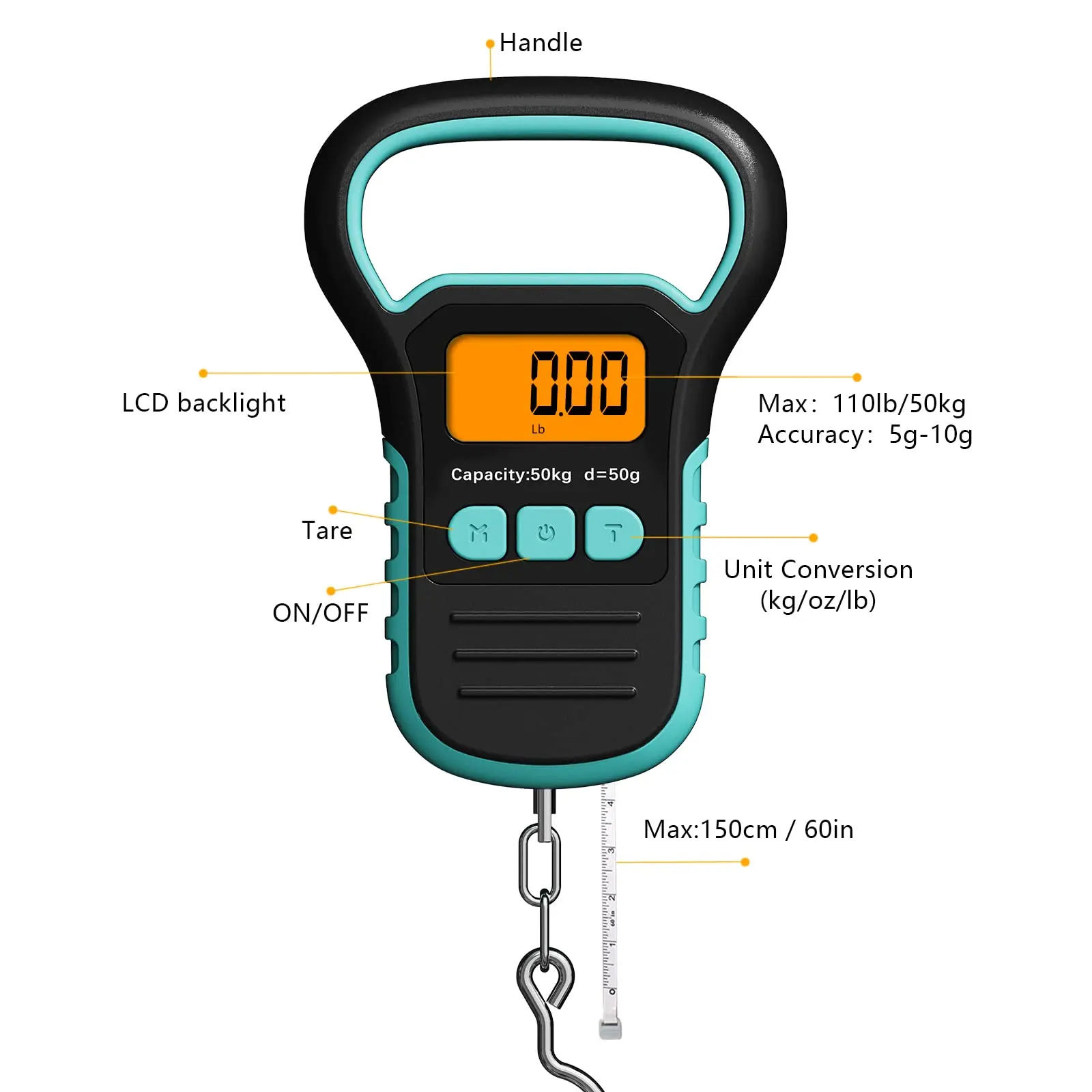 Rybia łuska cyfrowy z linijką i złapaniem, przenośny rybia łuska wiszący 110 lb/50 kg, waga do bagażu, podświetlony wyświetlacz LCD