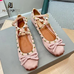 Rivets Bowtie Women Buckle Strap Ballerina Shoes Red Beige Round Toe 2023 Designe Flat Ballet Dance Shoes Genuine Leather Loafer