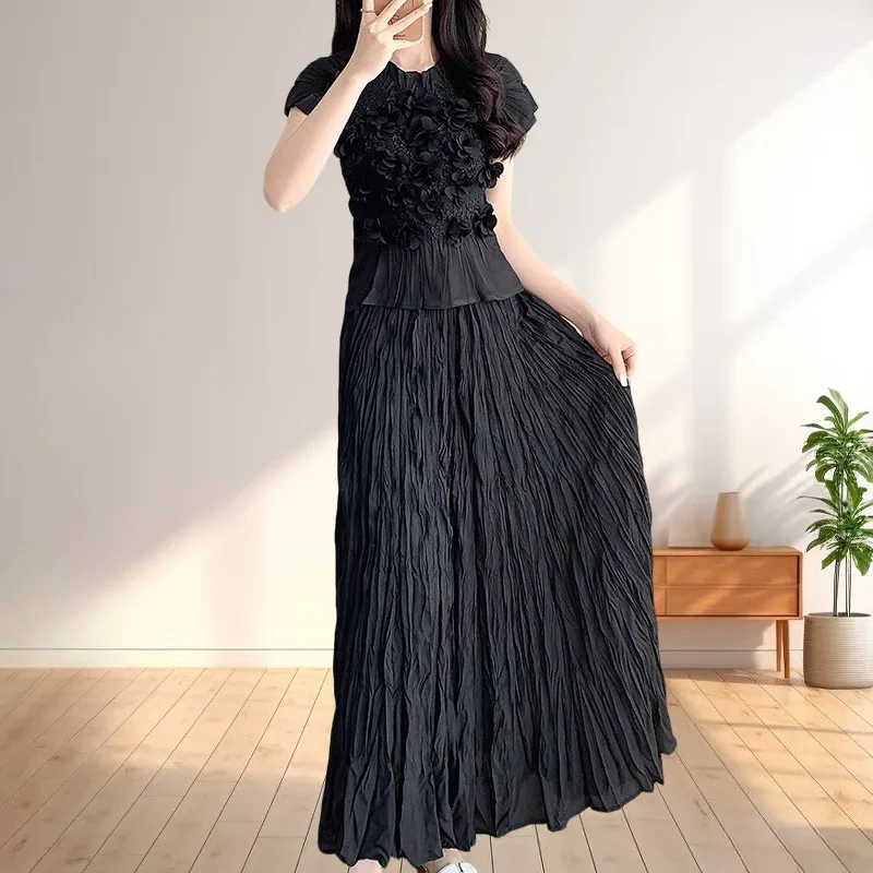 

Miyake Embroidered Pleated Short-sleeved Blouse Set Women's Summer New Slim and Thin T-shirt Swing Half Skirt Elegant Vacation