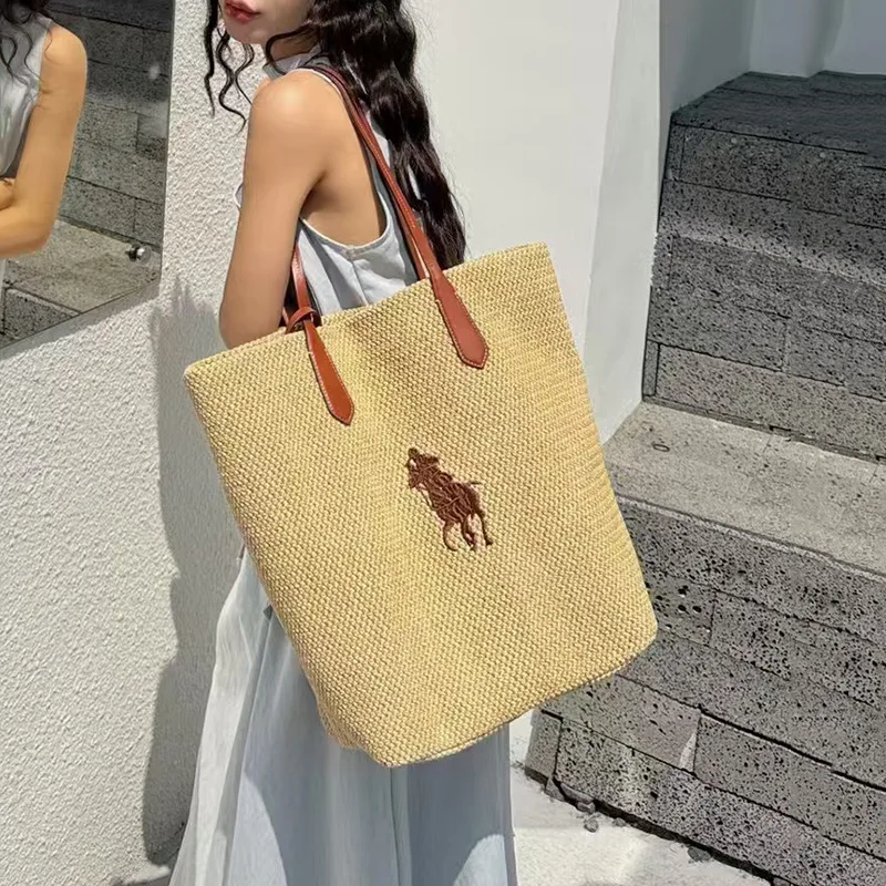 2025 جديد كسول نمط القش المنسوجة حمل حقيبة اللون كتلة بولو الحصان العلامة التجارية حقيبة كتف مفردة سعة كبيرة موضة دلو حقيبة F...