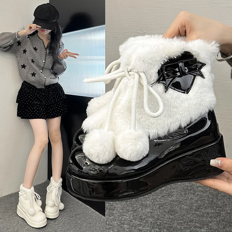 2025 nuevo lindo dulce cálido arco Bola de piel plataforma de felpa zapatos de algodón esponjosos botines de nieve suaves para niña charol impermeable