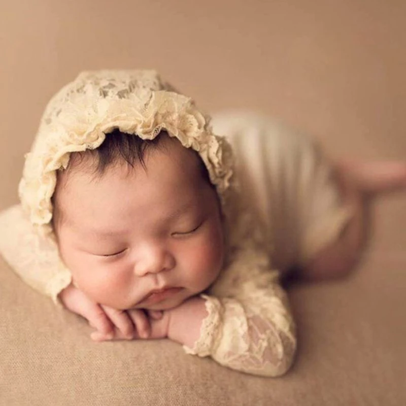 Newborn Photo Props Bonnet Lace Jumpsuit Posing Pillow Baby Photography Suit See-through Princess Romper Infant Costume